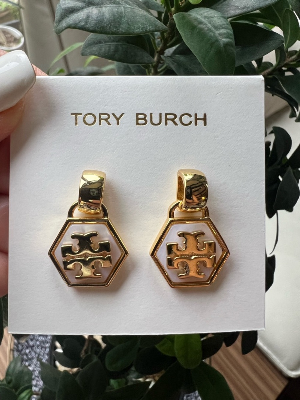 Tory Burch Gold and White Hexagon Logo Drop Earrings